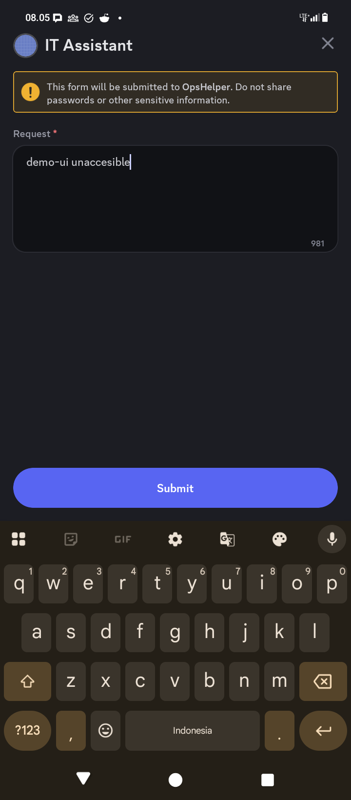 IT Assistant modal on Discord